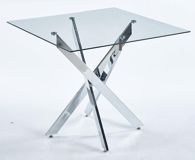 36" Square Dining Table for 4, Modern Clear Glass Kitchen Table for 4 with Silver X Metal Legs, Contemporary Small Glass Dining Room Leisure Tables for Kitchen Apartment