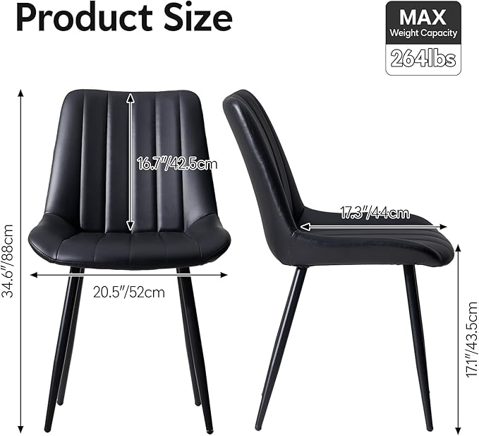 Dining Chairs Set of 6, Faux Leather Modern Linear Design Dining Chair with Metal Legs, 16.9" Seat Width Chair for Kitchen, Lounge, Reception Room, Restaurant, Commercial (Black)