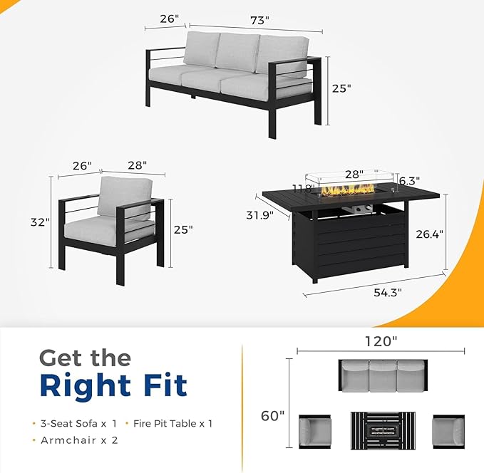 Wisteria Lane Aluminum Patio Furniture Set, 5 Seats Metal Outdoor Furniture Set with CSA Certified 54in Propane Gas Fire Pit Table, Patio Conversation Set with 5in Olefin Cover Cushions, Light Grey