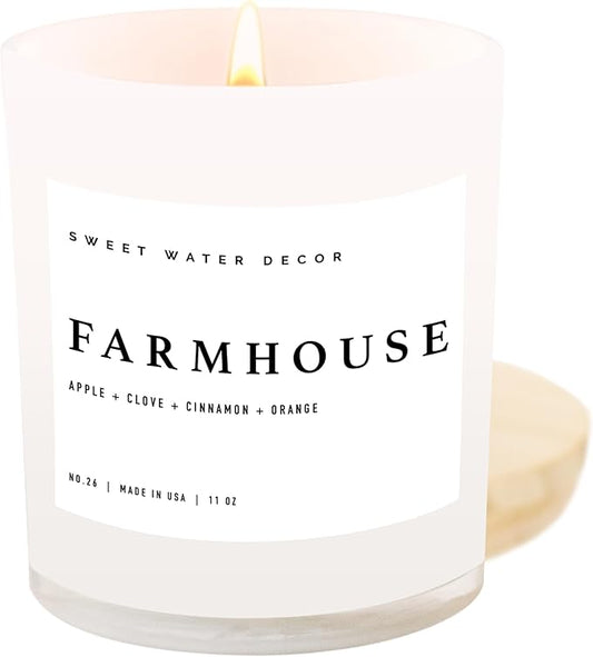 Sweet Water Decor Farmhouse Candle | Autumn, Cinnamon, and Nutmeg, Fall Scented Soy Candles for Home | 11oz White Glass + Wood Lid, 50+ Hour Burn Time, Made in The USA