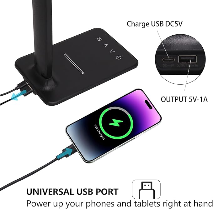 Led Desk Lamp Dimmable Table Lamp with USB Charging Port, 5 Lighting Modes, Sensitive Control, Foldable Portable Dorm Desk Lamps for Home Office Bedroom Reading Study Work (Black)