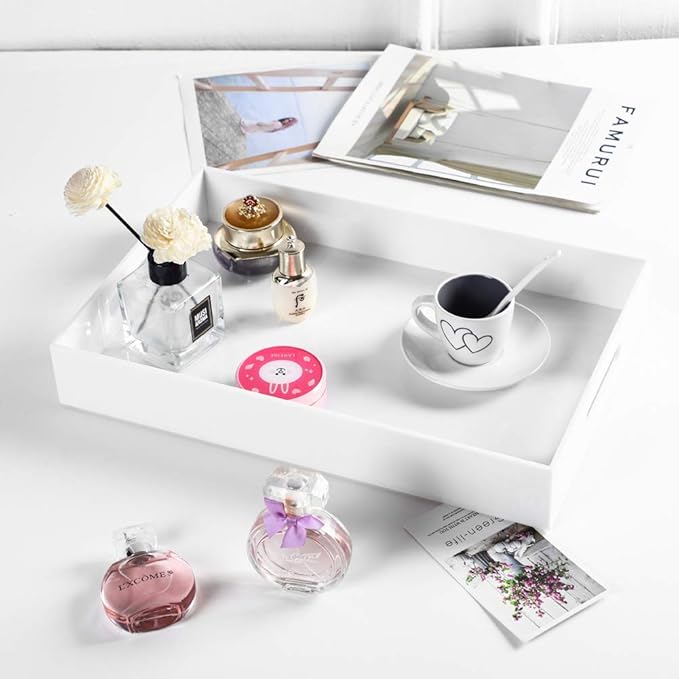 Sooyee Serving Tray with Handles,16" x 12" Decorative Tray,Coffee Table Tray,Acrylic Tray for Breakfast, Tea, Food, Butler,Table Ottoman Vanity Countertop,White