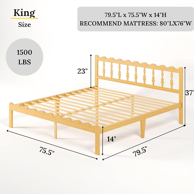 Bamboo King Bed Frame with Headboard, 14 inch Solid Wood Platform Bed Frames King Size with Metal Slats, No Box Spring Needed, Easy Assembly, Noise Free