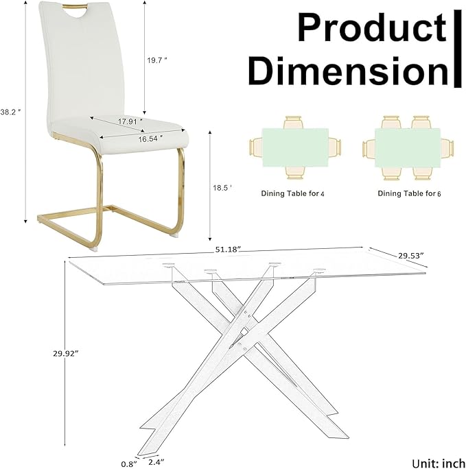 Goujxcy Gold Dining Table Set for 4, Glass Kitchen Table with Chair Set, Modern 51" Rectangle Glass Dining Table and 4 White PU Leather Chairs with Metal Frame for Kitchen Dining Room