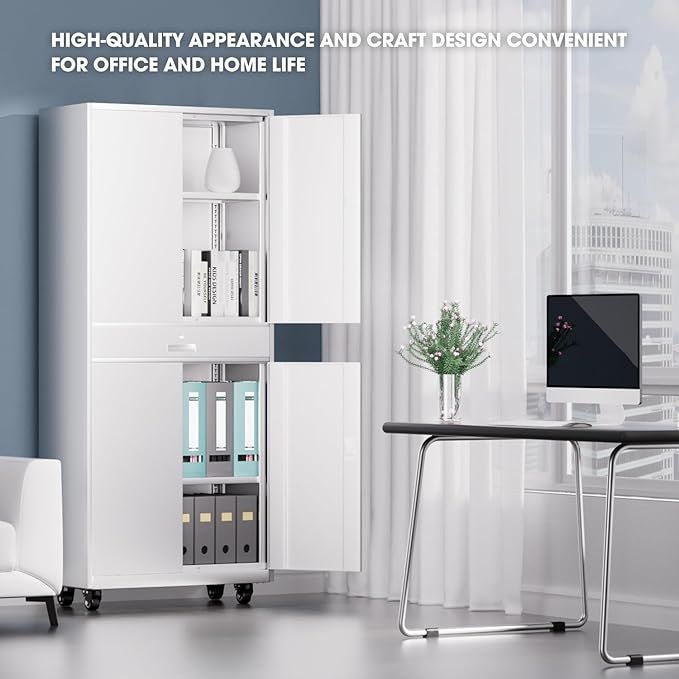 DNA Motoring 73'' Metal Storage Cabinet, Rolling Garage Cabinet with 1 Drawer and Adjustable Shelves, Lockable Heavy Duty Metal Locker for Garage,Office,Home,White, TOOLS-00630-WH-WH-A