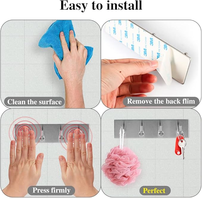 Picowe Key Holder for Wall Decorative, Adhesive Stainless Steel Key Hooks, Key Hanger Key Organizer for Wall, Towel Hook Coat Hanger for Entryway Hallway Kitchen(Four Rows,Sliver 1PCS)