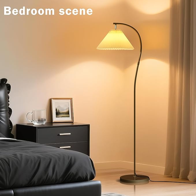 Modern Black Arc LED Floor Lamps, Bright 12W Three-Color Dimming, 14 Inch Pleated Lampshade, Living Room Corner Bedroom Bedside Office Standing Reading Lamp, Farmhouse Decoration, Warm Mood Lighting