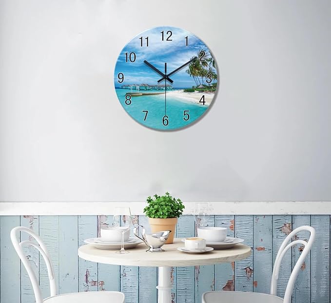 XFM Blue Beach Wall Clock 16 Inch Silent Wall Clocks Battery Operated Coastal Nautical Clock Decorative for Living Room Bedroom Bathroom