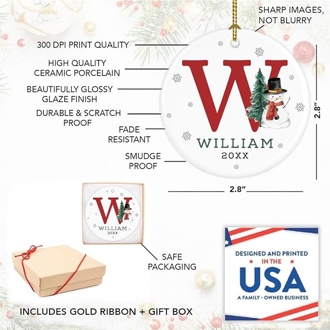 Andaz Press Personalized Christmas Ornament, Custom Name, Initial W Monogram Snowman 2.8" Ceramic Porcelain 2025 Christmas Ornament Keepsake for Kids, Boys, Girls, Initial Ornaments, 1-Pack