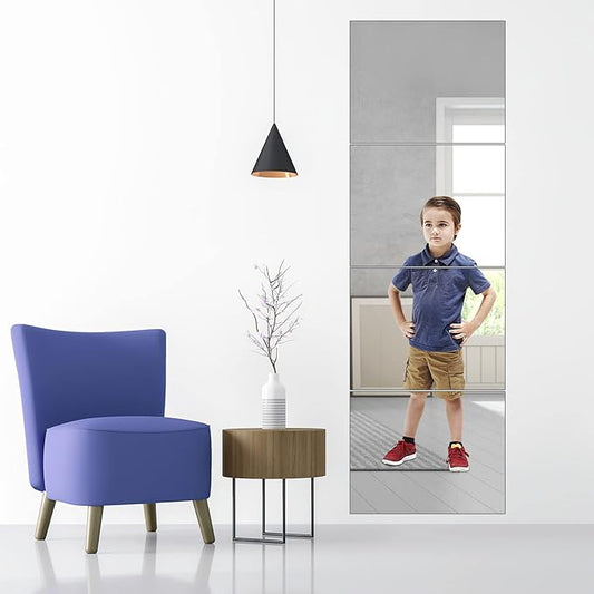 Full Length Wall Mirror Tiles, 8"x 8" x 4 Pcs Acrylic Mirror Wall-Mounted, Shatterproof Non Glass Safety Mirrors Great for Baby Kids Playroom