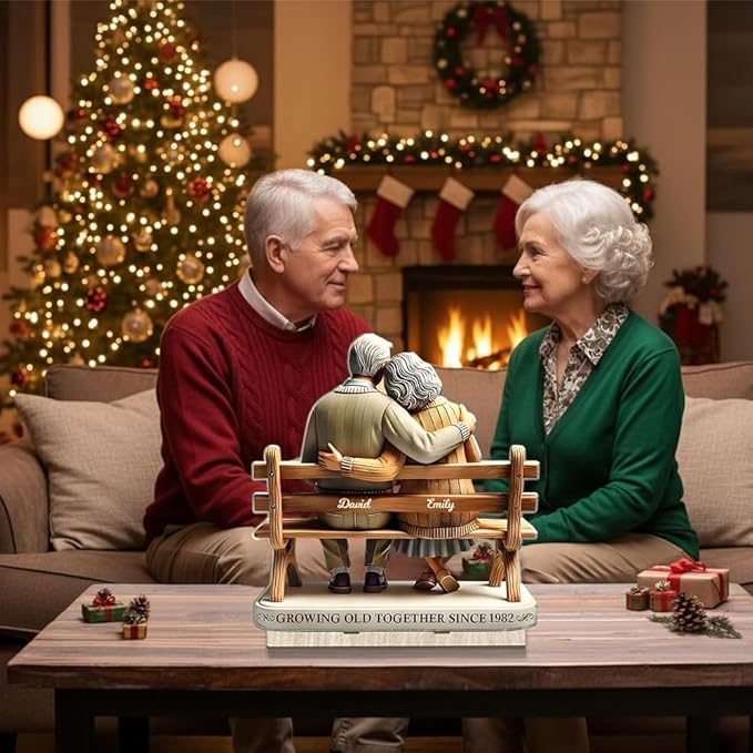 Custom Growing Old Together Christmas Decor, Personalized Couple on Bench Wooden Plaque, Heartfelt Gift for Parents or Grandparents, Romantic Holiday Keepsake for Him and Her