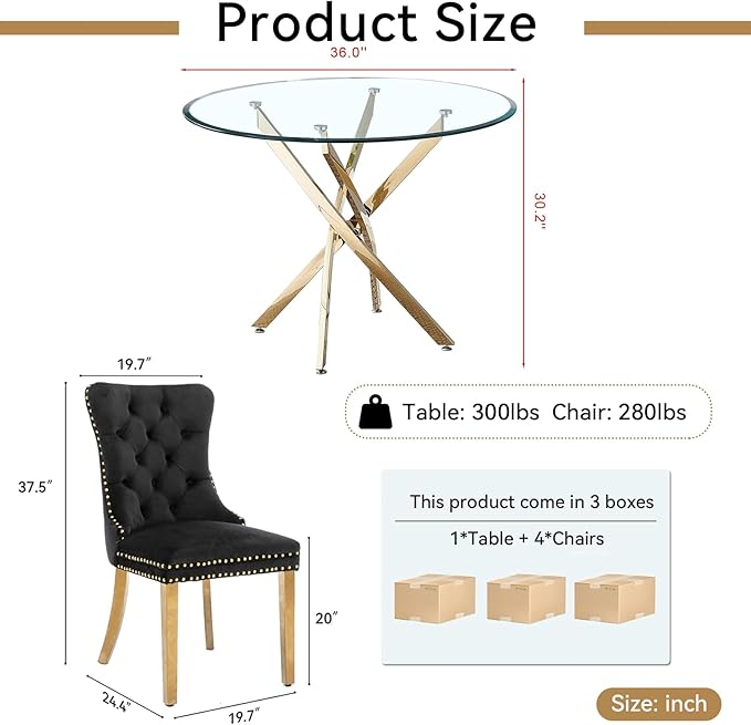 Goujxcy Small Round Dining Table Set for 4, Modern Glass Kitchen Table Chairs Set of 4, 5-Piece Dining Table Set w/36 Circle Gold Glass Dining Room Table and 4 Black Upholstered Dining Chairs