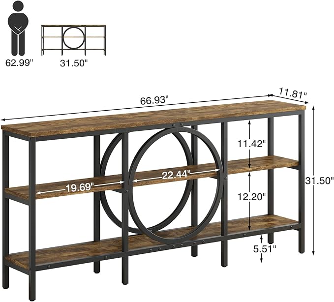 66.9 inch Console Table, 3 Tier Sofa Tables Narrow Long Wood Farmhouse Console Table with Storage Industrial Foyer Tables for Entryway, Hallway, Living Room (Vintage Brown+Black)