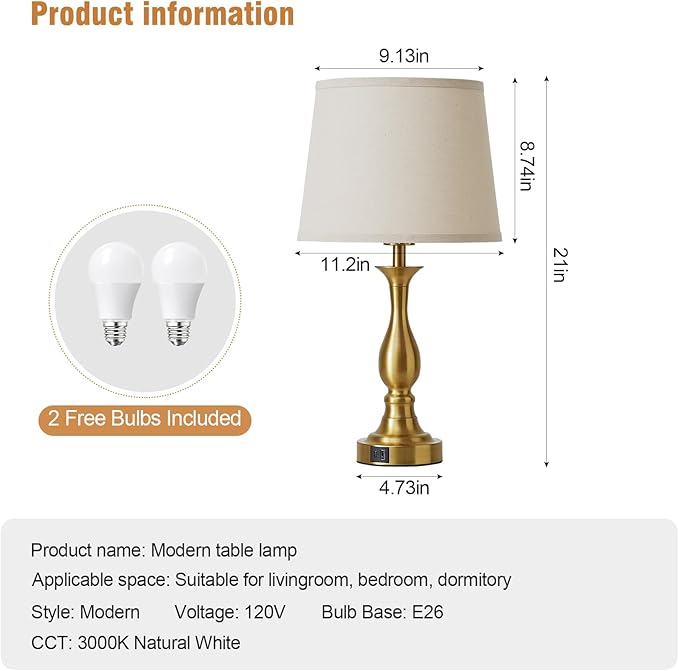 Bedside Table Lamp Touch Control Bedroom Lamps with USB A and C Charging Port 3 Way Dimmable Touch Lamps for Nightstand Living Room Bedroom Dorm Home Office Reading, Set of 2