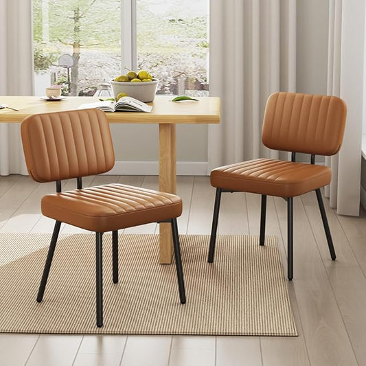 Dining Chairs Set, Upholstered Mid Century Modern Kitchen Dining Room Accent Chairs with Faux Leather Cushion Seat & Metal Legs for Kitchen, Living Room (Brown, Set of 2)