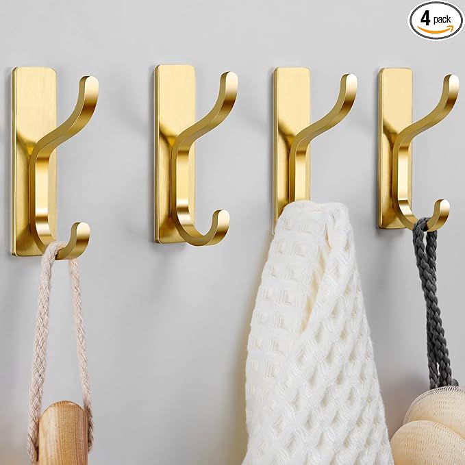 pickpiff Adhesive Wall Coat Hooks - Heavy Duty Stick-On Door Hanger, Metal Hook for Hanging Towel,Purse, Robe, Backpack, Jacket, Clothes - for Bathroom,Dorm, Closet, Kitchen - Gold, 4 Pack
