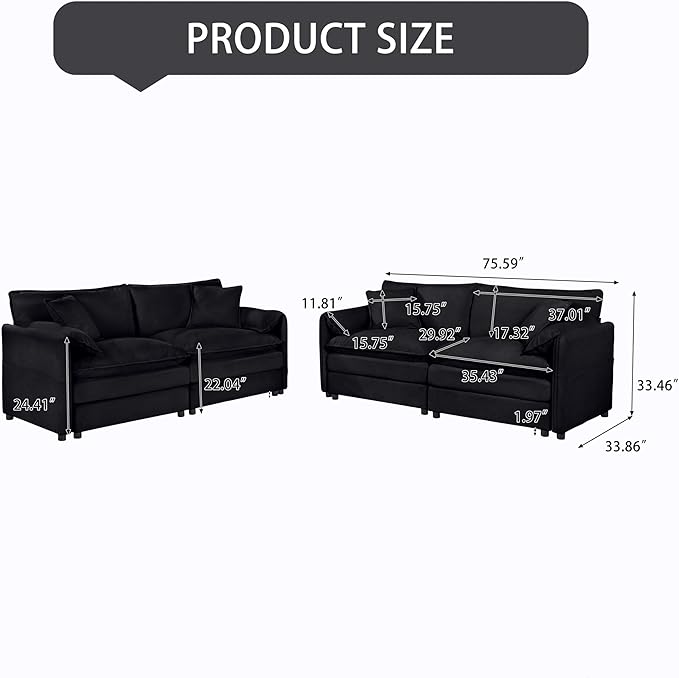 Chenille Sofa Set for Living Room, 2 Pieces Modern Deep Seat Oversized 3-Seater Cloud Couch for Bedroom, Office, Apartment, Furniture Set