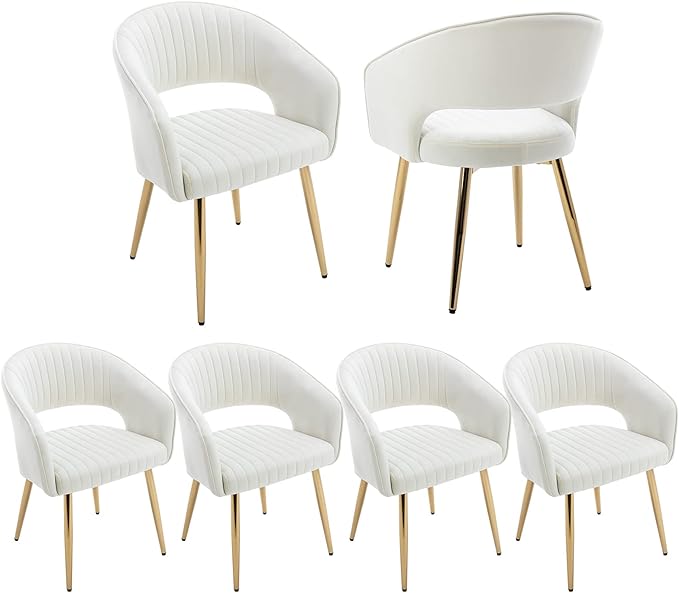 Modern Velvet Dining Chairs Set of 6, Upholstered Gold Dining Room Chairs with Hollow Back, Accent Armrest Kitchen Chairs with Gold Legs for Living Room Reception Beige