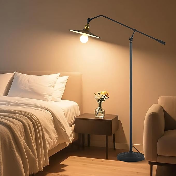 Swing Arm Floor Lamp with Smart Remote Control and Bluetooth Dimming,Living Room Corner Bedroom Office Library Farmhouse Reading Standing Lights, Bright Adjustable Black Rustic Industrial Home Decor
