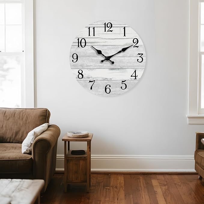 Wall Clock Battery Operated 16 Inch Large Gray Silent Non Ticking Country Rustic Design Vintage Retro Decorative for Bathroom Kitchen Bedroom