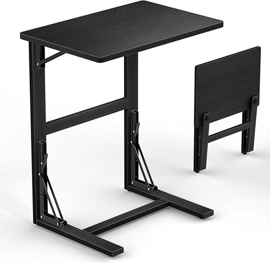 Tatub 24'' Folding TV Tray Table, Bamboo C Shaped End Table Slide Under Couch, Small Sofa Side Laptop Desk for Living Room, Bedroom, Black