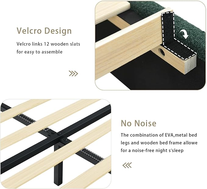 BarnFurin Queen Bed Frame with Headboard, Boucle Upholstered Platform Bed with Wood Slats, Soft Rounded Corners, No Box Spring Required, Easy Assembly, Green