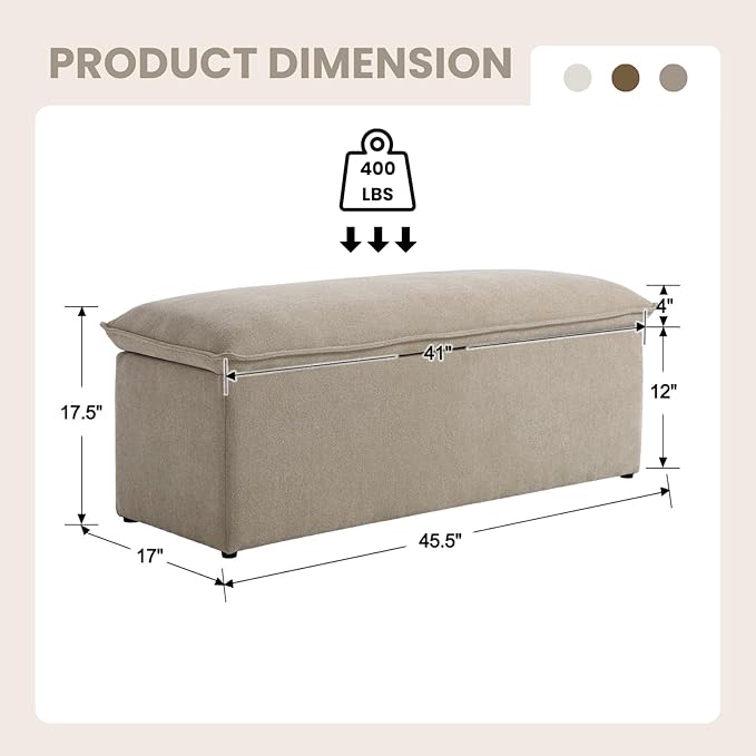45.5 Inch Storage Ottoman Bench, Modern Upholstered Chenille End of Bed Bench with 2 Safety Hinge, Entryway Bench with Seating for Bedroom Living Room, Oatmeal