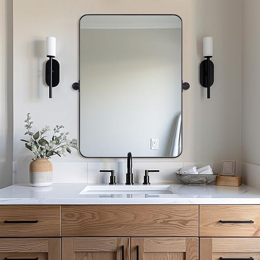 ANDY STAR 22"x34" Matte Black Pivot Mirror for Bathroom, Metal Frame Bathroom Mirrors for Wall，Rectangle Titling Vanity Wall Mirror with Rounded Corner Design Hangs Vertically Only