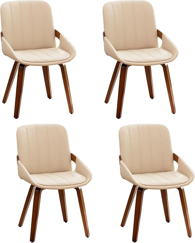 Mid Century Modern Faux Leather Upholstered Dining Chairs,Armless Accent Chairs with Sturdy Natural Wood Legs,Bamboo Backrest Support for Kitchen&Dining Room Chairs(Set of 4,Beige)