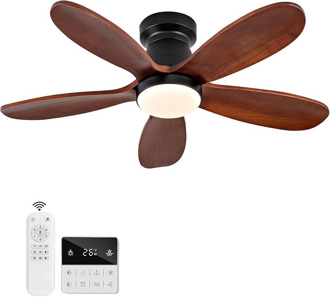 36 Inch Flush Mount Ceiling Fans with Lights and Remote, Dimmable, Wall Switch, 5 Blades Wood Ceiling Fan with Light, Low Profile Outdoor Indoor Modern Ceiling Fan for Bedroom Patio (Black Walnut)