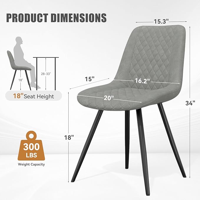 Modern Dining Chairs Set of 6, Top PU Leather Upholstered Dining Room Chairs with Metal Legs, Ergonomic Kitchen Chairs for Kitchen Dinning Room, Grey