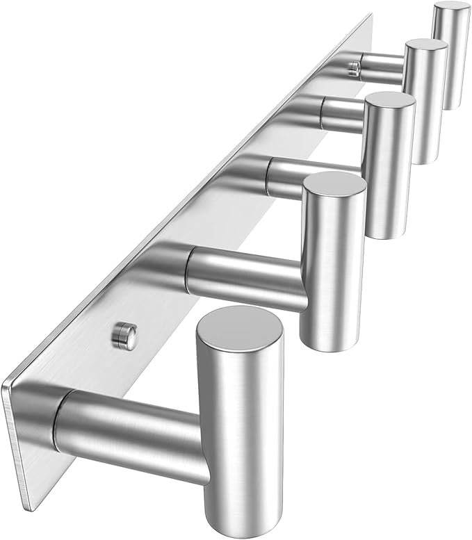 PMMASTO Coat Rack Wall Mounted, 5 "T Shaped Wall Hooks for Hanging, Heavy Duty Stainless Steel Coat Hook Rail for Hat Towel Robes in Bathroom Kitchen Mudroom Entryway (Silver, 1 Pack)