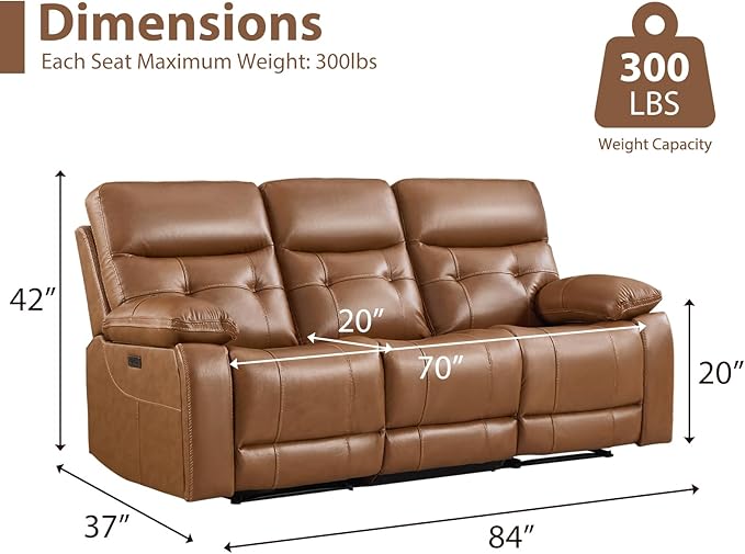 CANMOV Genuine Leather Power Recliner Sofa,3 Seater Reclining Sofa with Comfortable Arms and Back,Modern Electric Recliner Couch Set with Hidden Cup Holders,USB Port for Living Room,Brown