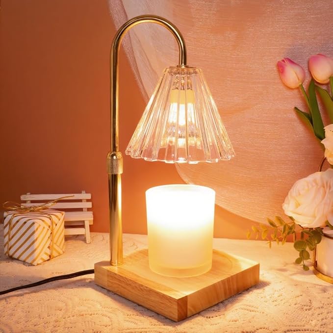 Candle Warmer Lamp with Timer Dimmable, Clear Wax Melt Warmer Adjustable Height Warmer Lamp for Jar Candles, Original Wood Base for Home Decor Birthday