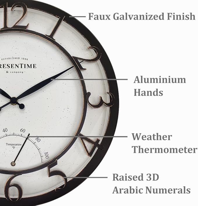 Presentime & Co 13" Farmhouse Outdoor Wall Clock w/Outdoor Thermometer, Cottage Style, Raised 3D Arabic Numerals, Oil Rubbed Bronze Finish (Wall Clock for Patio, Cottage, Poolside, Garden Spaces)