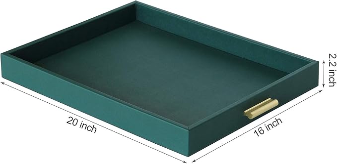 HofferRuffer Extra Large Serving Tray with Handles, Elegant Faux Leather Storage Decorative Tray for Coffee Table, Ottoman, Console Table (Green Tray+Golden Handle)