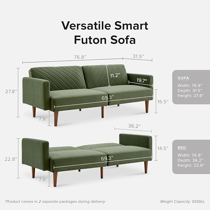 mopio 76.4" Futon Sofa Bed, Couch, Loveseat, Sleeper Sofa, Mid Century Modern Futon Couch, Sofa Cama, Couches for Living Room (Olive Green Premium Velvet)