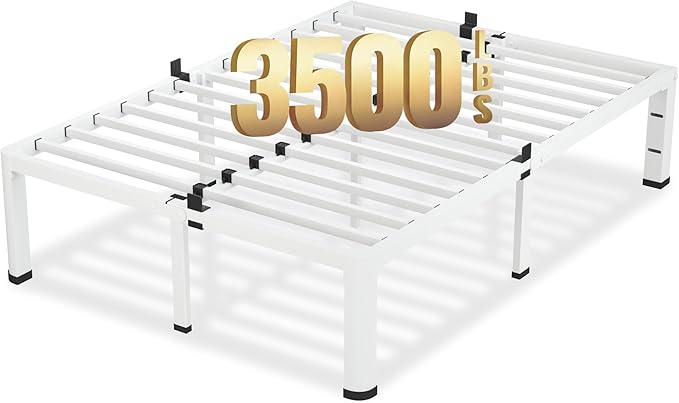 18 Inch King Size White Bed Frame, 3500Lbs Heavy Duty Metal Platform with Round Corner Legs Mattress Slide Stopper, Steel Slat Support No Box Spring Needed, Noise Free, Non-Slip, Easy Assembly