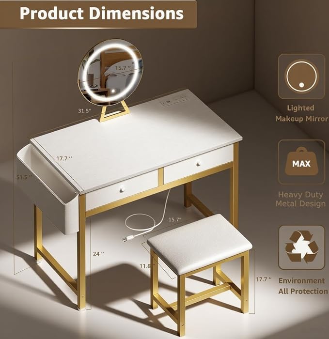 Makeup Vanity Desk with Mirror and Lights - Girls White and Gold Vanity Table Set with Chair, Fabric Drawers, Power Outlet, Small Modern Make Up Dressing Table for Bedroom