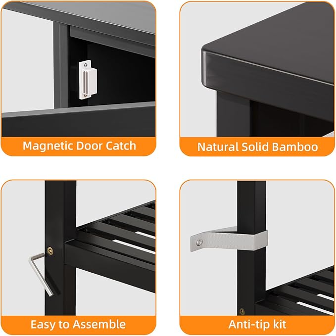 HITNET Black Bathroom Cabinet, Freestanding Storage Cabinet Bamboo Kitchen Floor Cupboard with Door and Shelf, Space Saving Side Storage Organizer for Living Room Bedroom Home Office