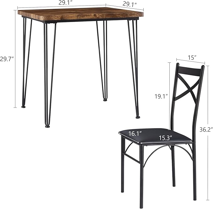 VECELO 3 Piece Dining Table Set for 2, Kitchen Table Set with 2 Chairs for Small Space, Space-Saving and Modern Design, Apartment, Easy to Assemble,Brown