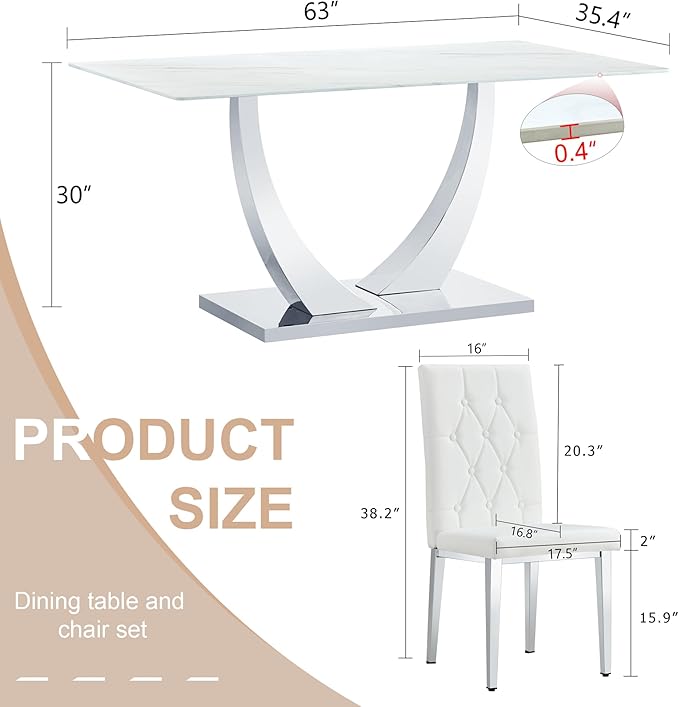 63" Modern Dining Table Set for 4, White Dining Room Set for 4, Tempered Glass Kitchen Table and PU Leather Chairs, Marble Pattern Top with Sturdy Gold Chrome Base