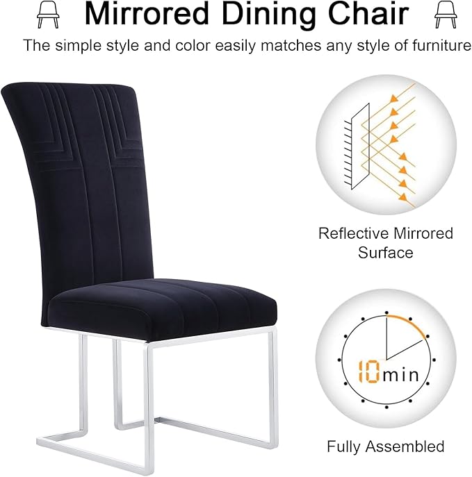 AUZ Dining Chairs Set of 4, Black and Silver Dining Chair with Velvet Upholstery and Mirrored Silver Sled Legs