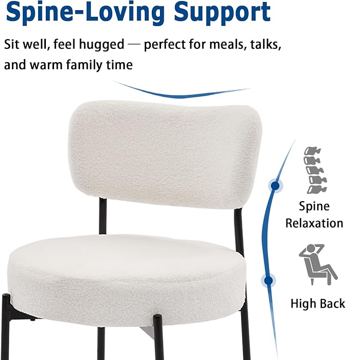 White Boucle Dining Chairs Set of 2, Upholstered Dinner Chair with Metal Frame, Dining Room Chairs with Padded Seat, Round Modern Seating for Living Room