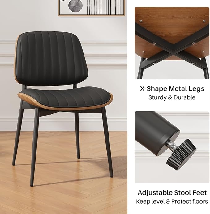 Dining Chairs Set of 2, Mid-Century Modern Upholstered PU Leather Chairs with Walnut Bentwood Back and Metal Legs for Kitchen Dining Living Room, Black Vertical Stripes