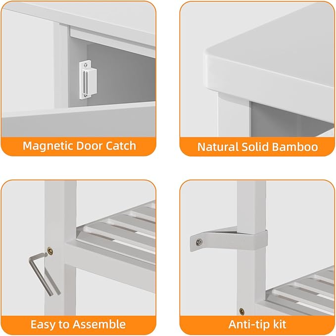 HITNET Bathroom Cabinet Freestanding, Bamboo Floor Cabinet, Side Storage Organizer with Door and 3 Shelves, Living Room Kitchen Cupboard, White