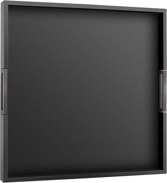 Joy&Grace Large Square Ottoman Tray for Living Room and Coffee Table 20 Inch Decorative Wooden Serving Tray with Handles for Breakfast in Bed, Dinner Food Kitchen TV (Black, 20" x 20" x 2")