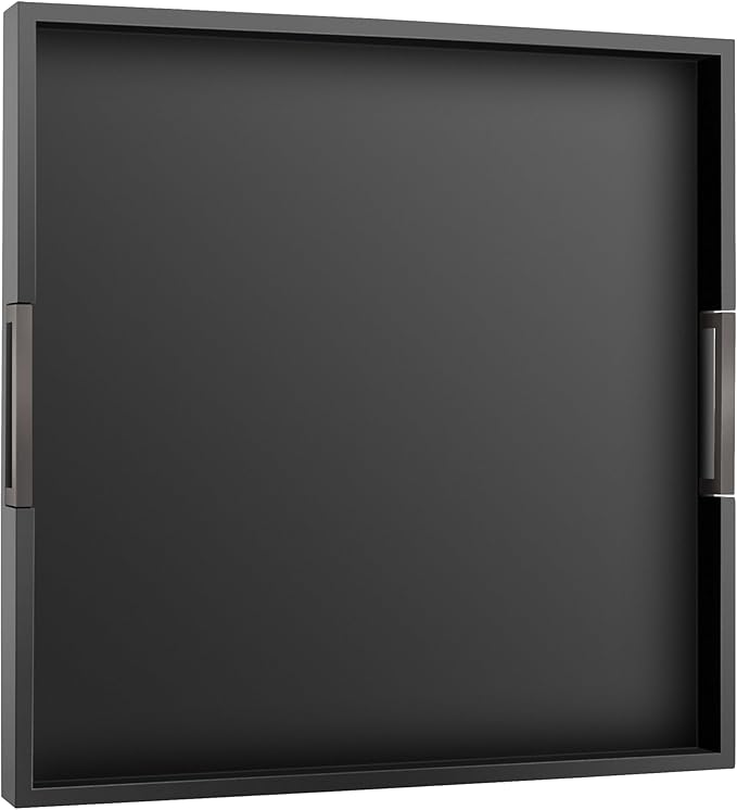 Joy&Grace Large Square Ottoman Tray for Living Room and Coffee Table 22 Inch Decorative Acacia Wood Serving Tray with Handles for Breakfast in Bed, Dinner Food Kitchen TV (Black, 22" x 22" x 2")