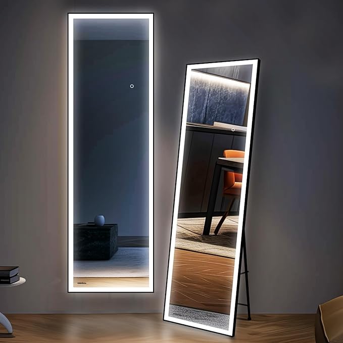 Kosmonia 58"x18" Full Length LED Mirror with Lights, 3 Color Modes & Dimmable Brightness, Wall Mount/Standing/Lean-On Floor Mirror for Bedroom, Vanity, Dressing Room