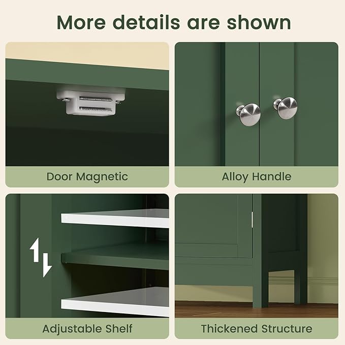 Iwell Bathroom Cabinet, Bathroom Storage Cabinet with 2 Doors & 3 Shelves, 3 Heights Available, for Living Room, Entryway, Home Office, Green